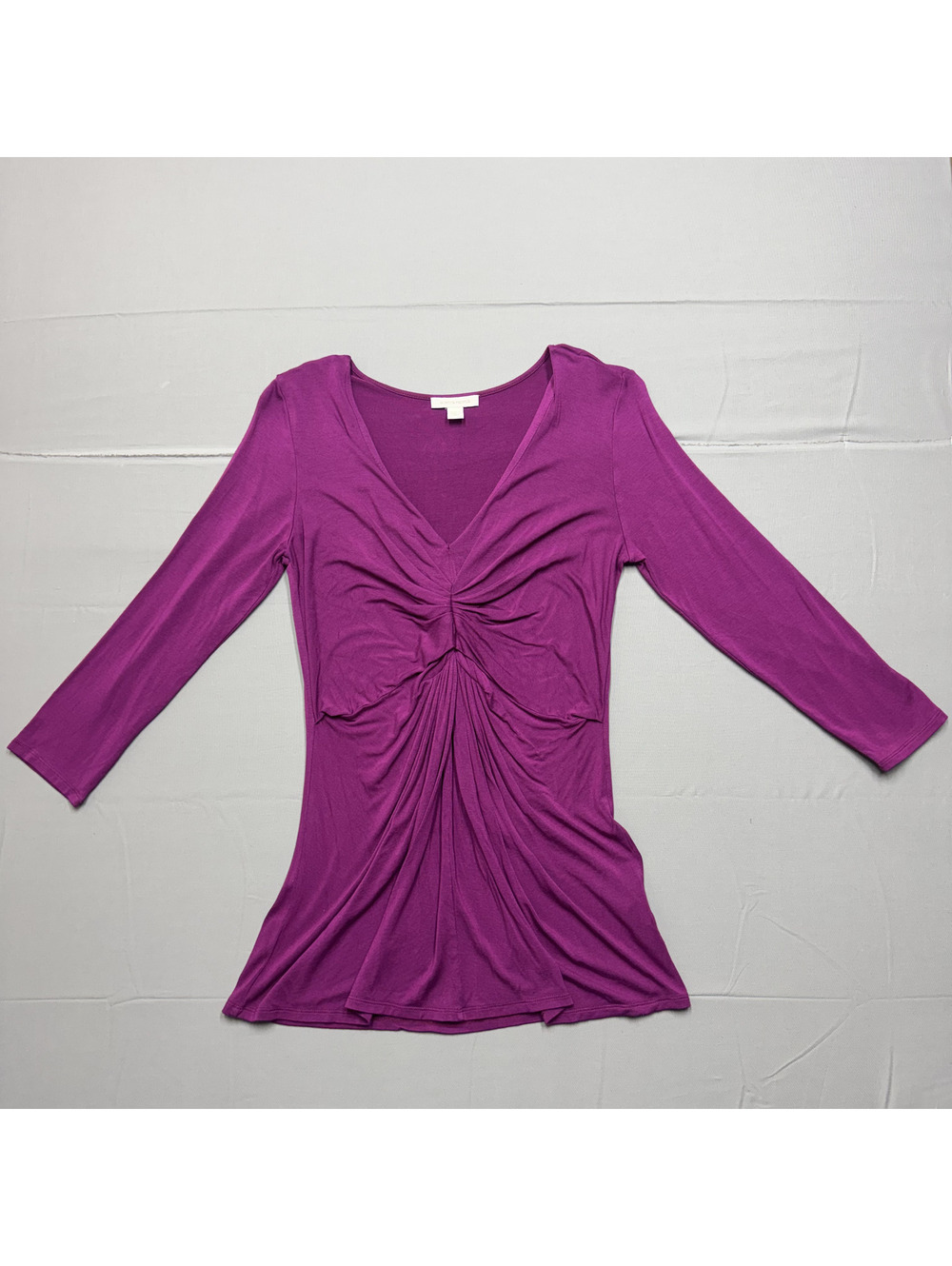 Boston Proper Womens Ruched V-Neck Top Rayon Knit Adult S Magenta Purple Drape